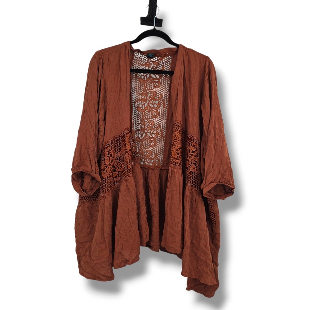 Rue+ Womens 1X/2X Terracotta Rust Crochet Lace Back Open Front Cardigan Boho